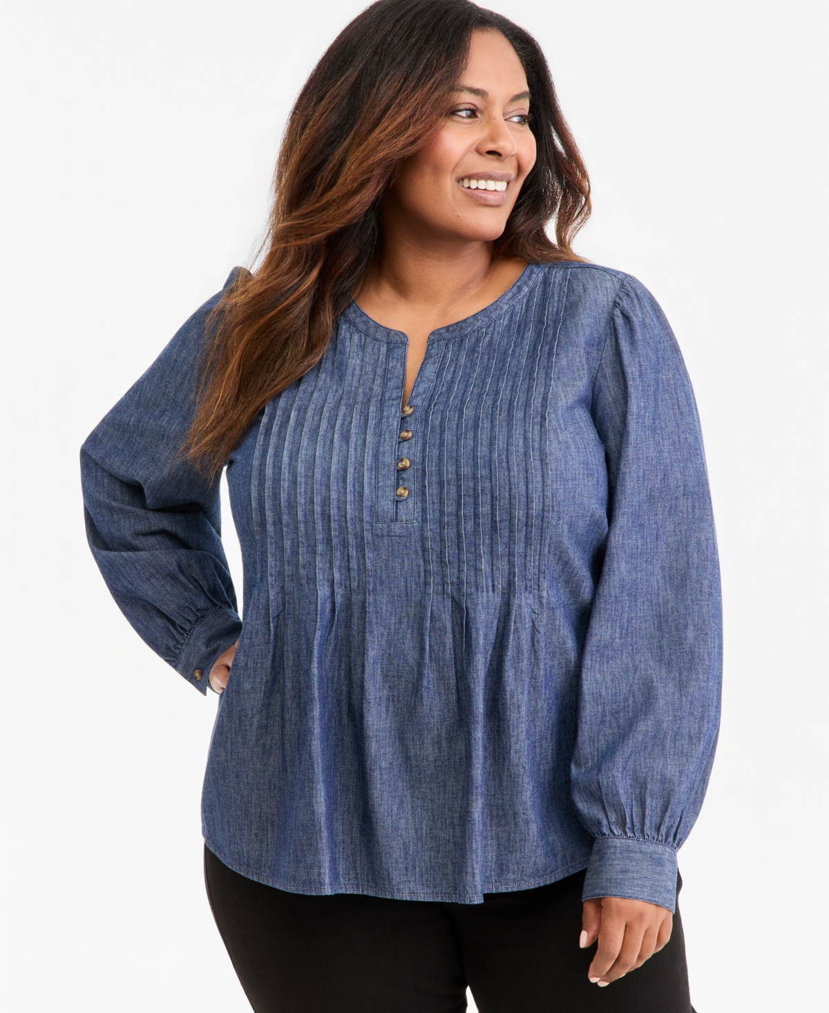 Style & Co Plus Chambray Pintuck Long-Sleeve Top, Macy's Exclusive