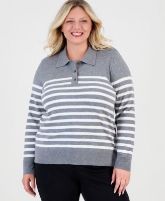 Plus Size Striped Long-Sleeve Polo Sweater