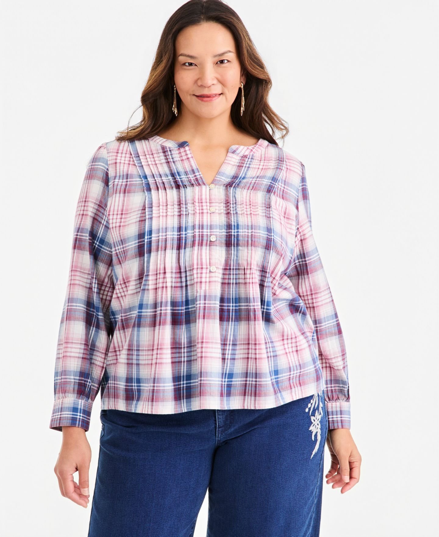 Женский топ Style & Co Plus Size Plaid Pintuck Long-Sleeve, цвет: Клетчатый — фото 1