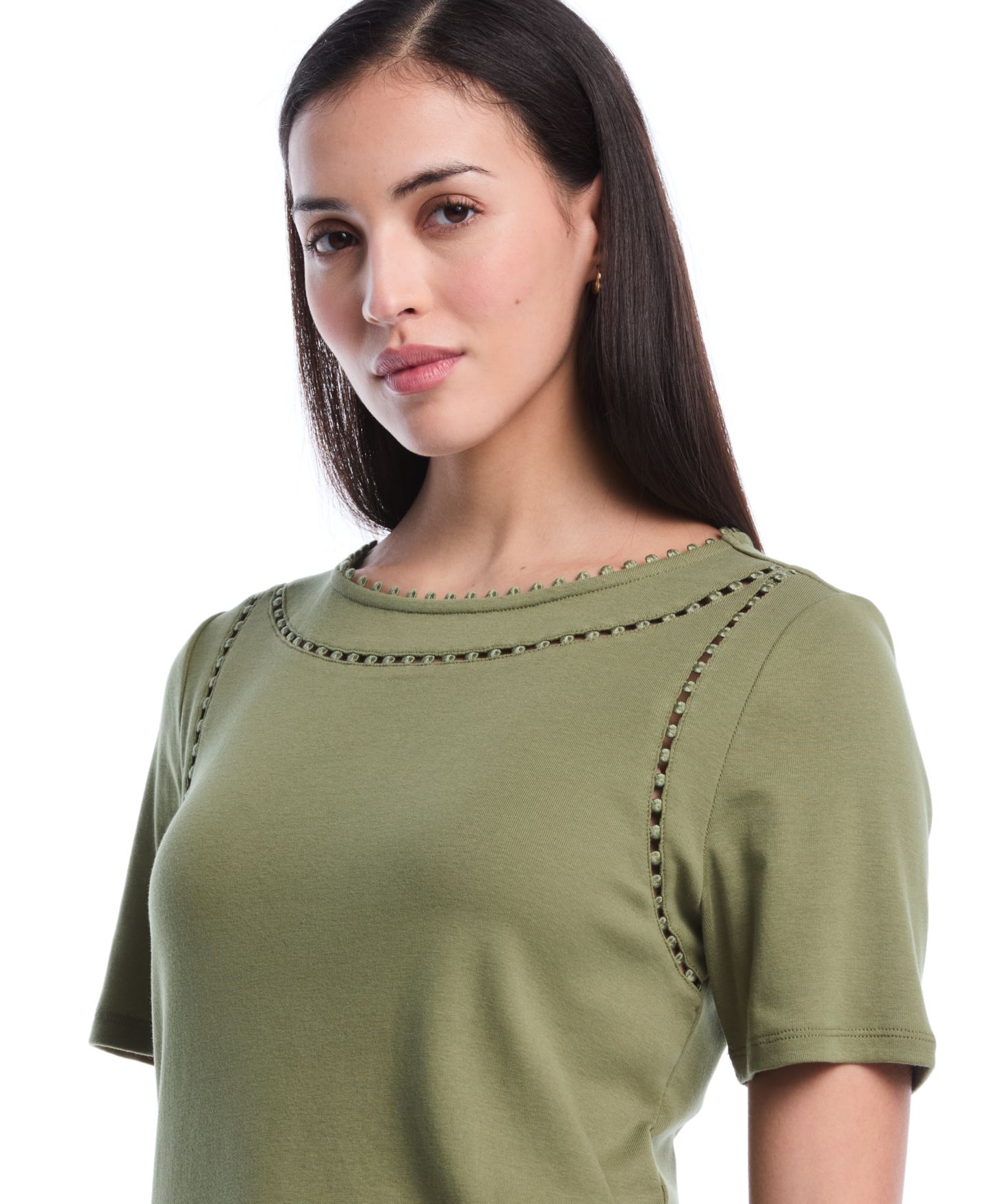 Женский топ Rafaella Petite Pom Trim Detail Short-Sleeve, цвет: Тёмно-зелёный — фото 4