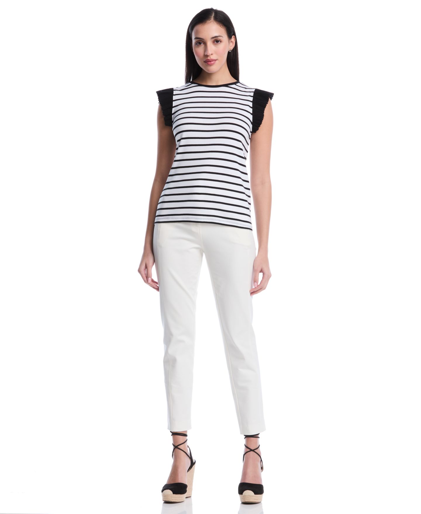 Женский топ Rafaella Petite Striped Ruffle Cap-Sleeve, цвет: Белый — фото 2