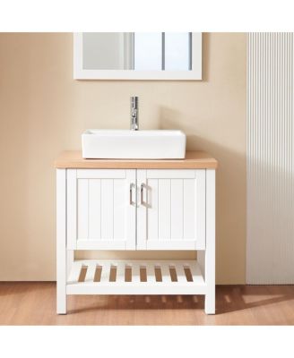  Bathroom Vanity with Ceramic Sink, White Solid Wood and MDF, Open Shelf and Cabinet, Above Counter Sink for Modern Bathrooms