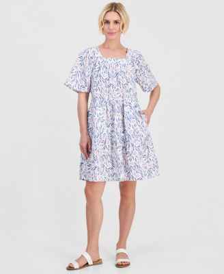 Petite Printed Square-Neck Short-Sleeve Cotton Dress