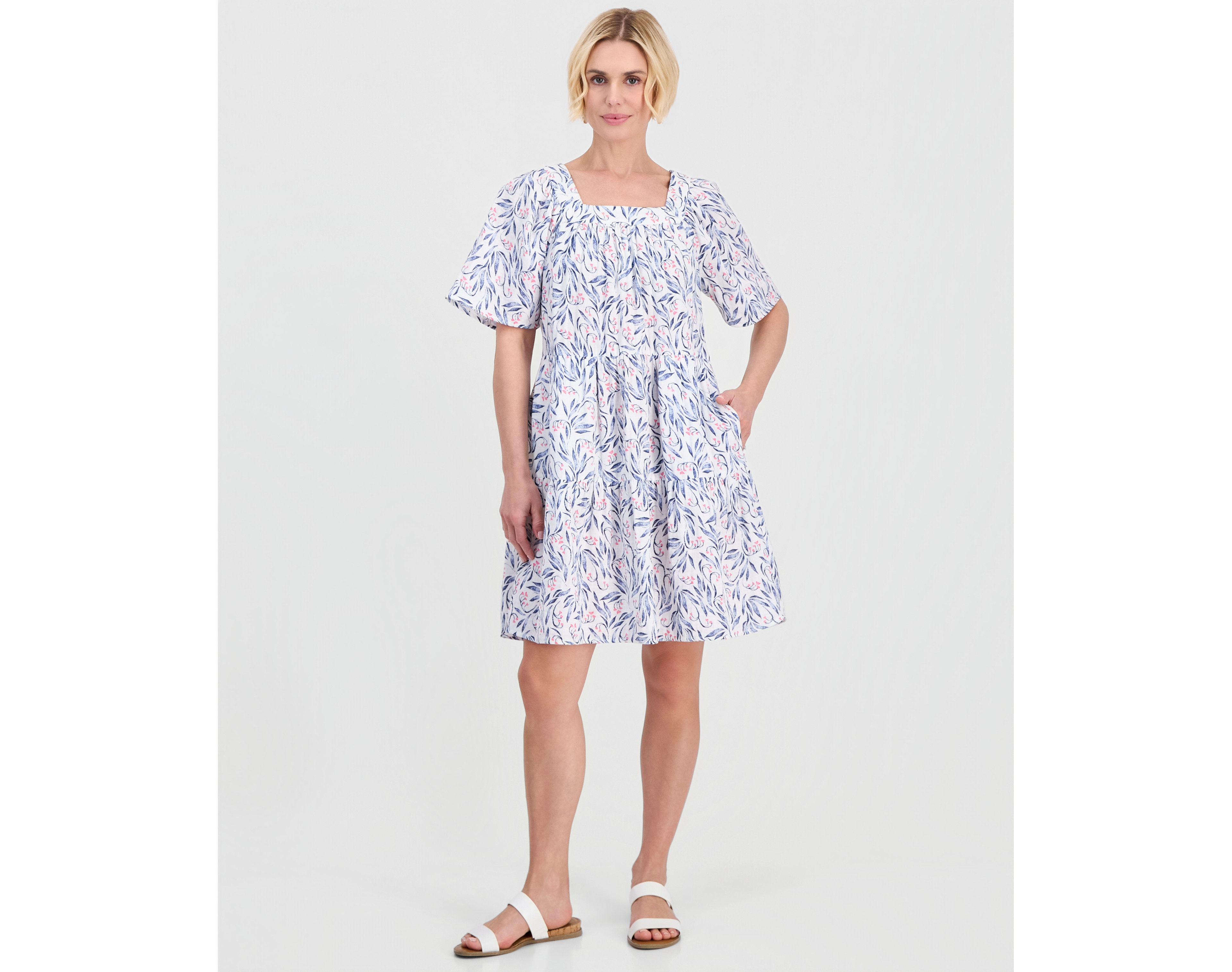 Style & Co Petite Printed Square-Neck Short-Sleeve Cotton Dress, Macy's Exclusive