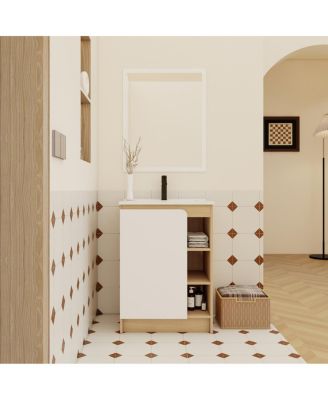  Freestanding Bathroom Vanity with Ceramic Sink, 4-Tier Open Shelves, Dual-Color Door Panels for Small Bathrooms