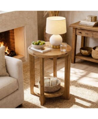 Solid Wood Round End Table, Accent Bed Side Table with Storage Shelf, 2-Tier Circle Wood Nightstand