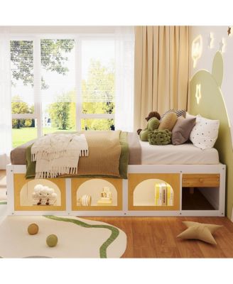 Queen Size Platform Bed, Wooden Bed Frame with  Bookshelf, Drawer and LED Lit Display Cabinet, Space-Saving Storage Bed for Kids Teens
