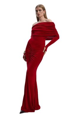 Women's Ruched Off Shoulder Fishtail Maxi Dress