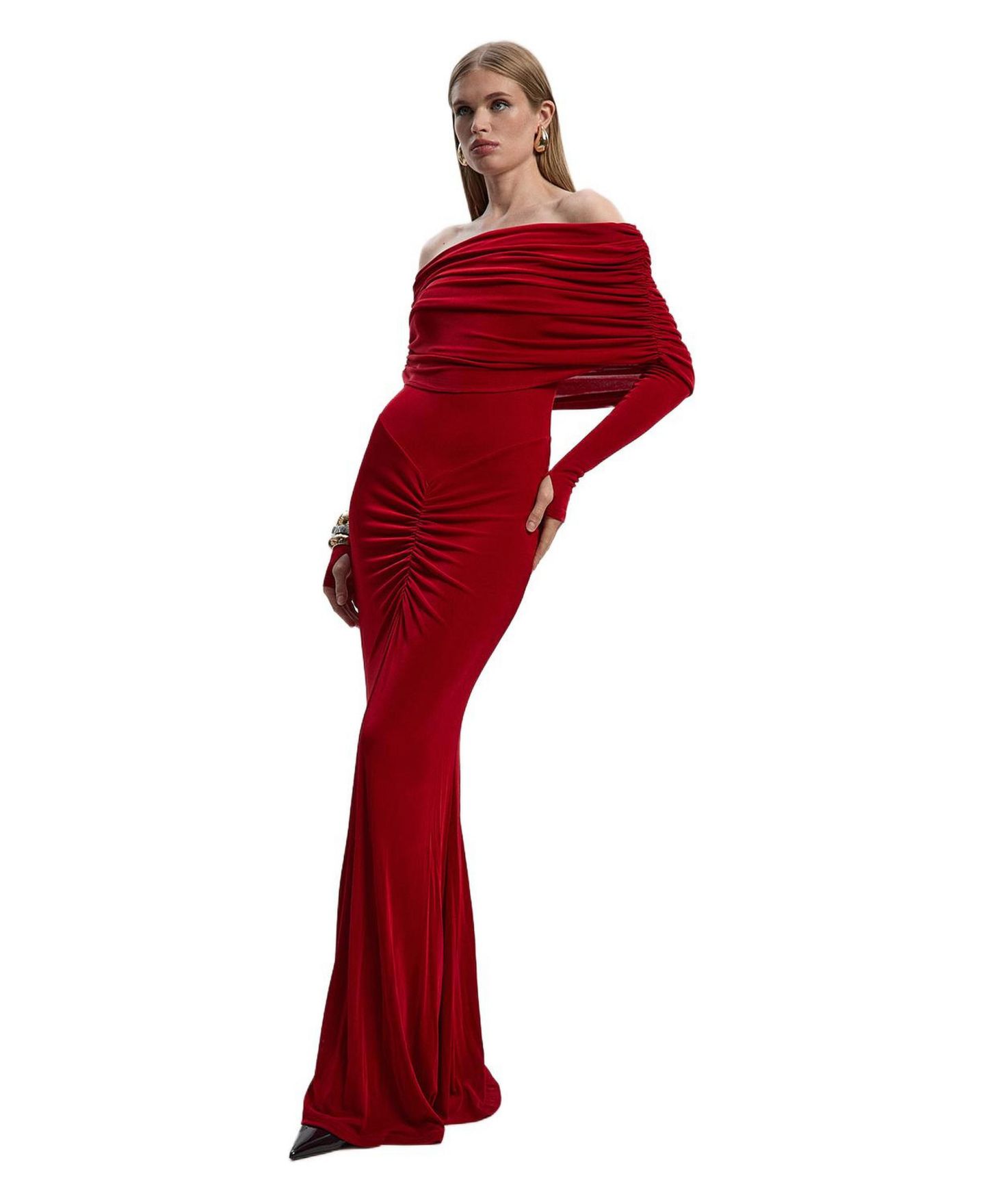 Женское платье Karen Millen Ruched Off Shoulder Fishtail Maxi, цвет: Красный — фото 1