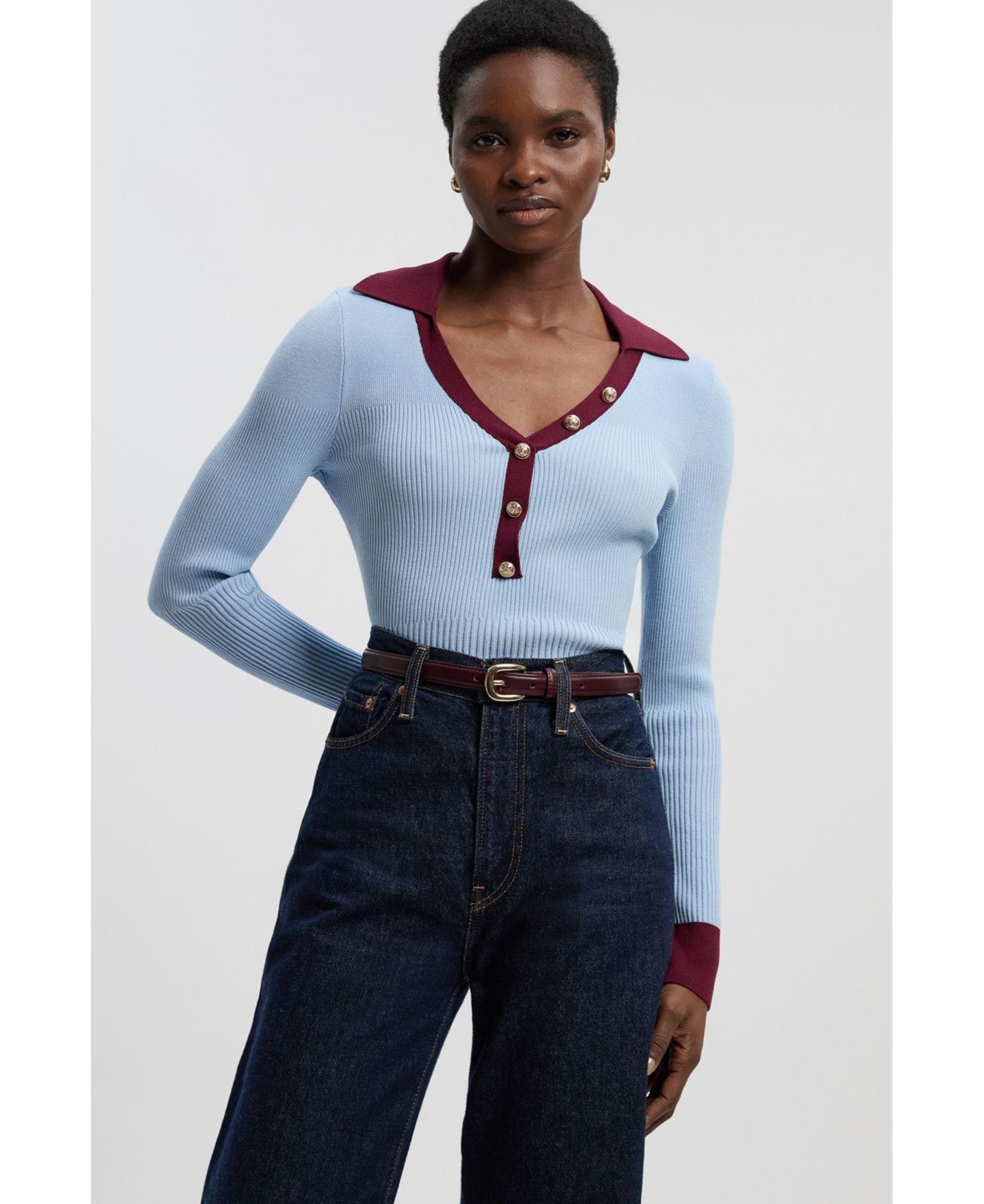 Женский топ Karen Millen Rib Knit Contrast Hem Collared, цвет: Светлый синий — фото 4