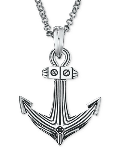 Esquire Men's Jewelry Diamond Accent Anchor Pendant Necklace in Sterling Silver, Only at Macy's