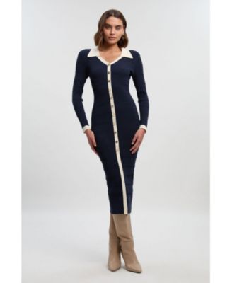 Women's Rib Contrast Button Knit Midi Dress