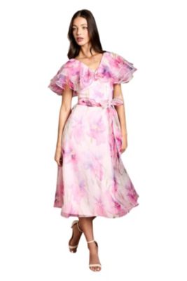 Women's Printed Organza Ruffle Sleeve Midi Dress