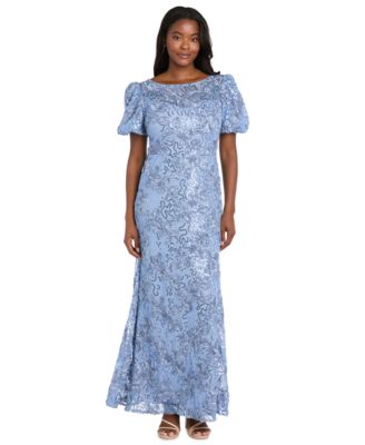 Women's Lace and Sequin Gown with Puff-Sleeve and Trumpet Skirt