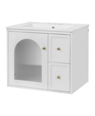 24 Inch Wall Mounted Bathroom Vanity Set with Ceramic Sink 2 Drawers 1 Soft Close Door Small Space Storage Cabinet