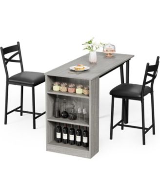 Bar Table and Chairs Set, 3 Piece Bar Table Set with with Flip Top Extension and Storage Shelves, Dining Table Set for 2