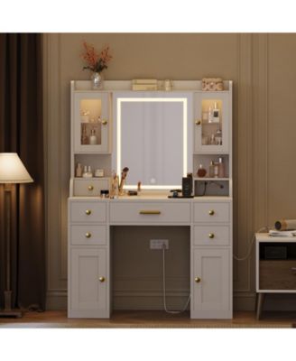 Modern Vanity Desk with LED Mirror, 3 Light Modes, Charging Station, 6 Drawers, Cabinet and Shelves, Gold Accents Makeup Table for Bedroom