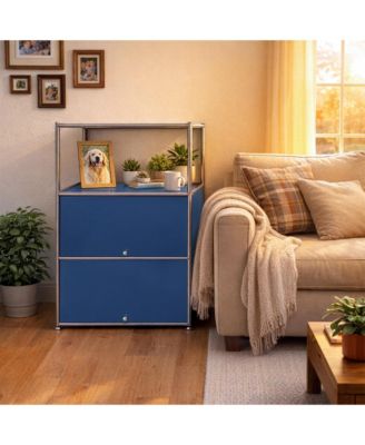 3 Tier Modular Metal Sideboard Storage Cabinet, Modern Grid-Style, for Dining Room, Living Room or Office, Blue