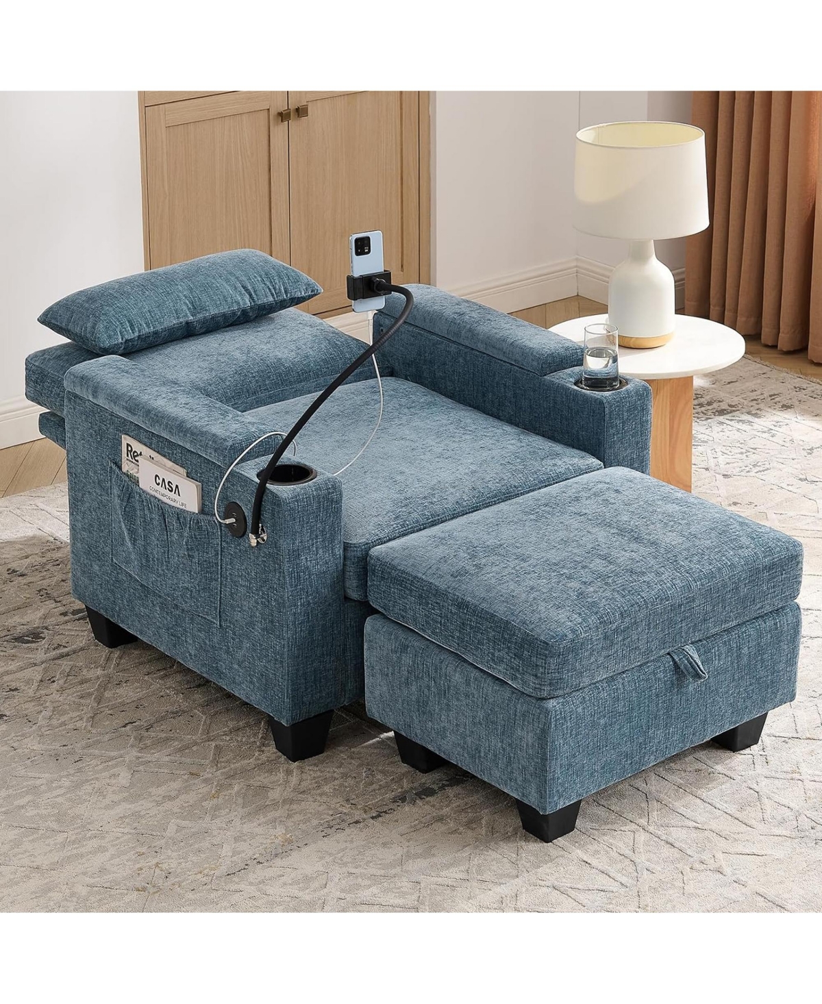 Rainsken Modern Accent Chair Ottoman Set, Multi-Functional Convertible Chaise Sleeper Bed Featuring Usb Charging and Phone Holder for Living Room