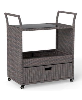 Wicker Outdoor Bar Cart with Tempered Glass Top, Drawer, and Rolling Wheels