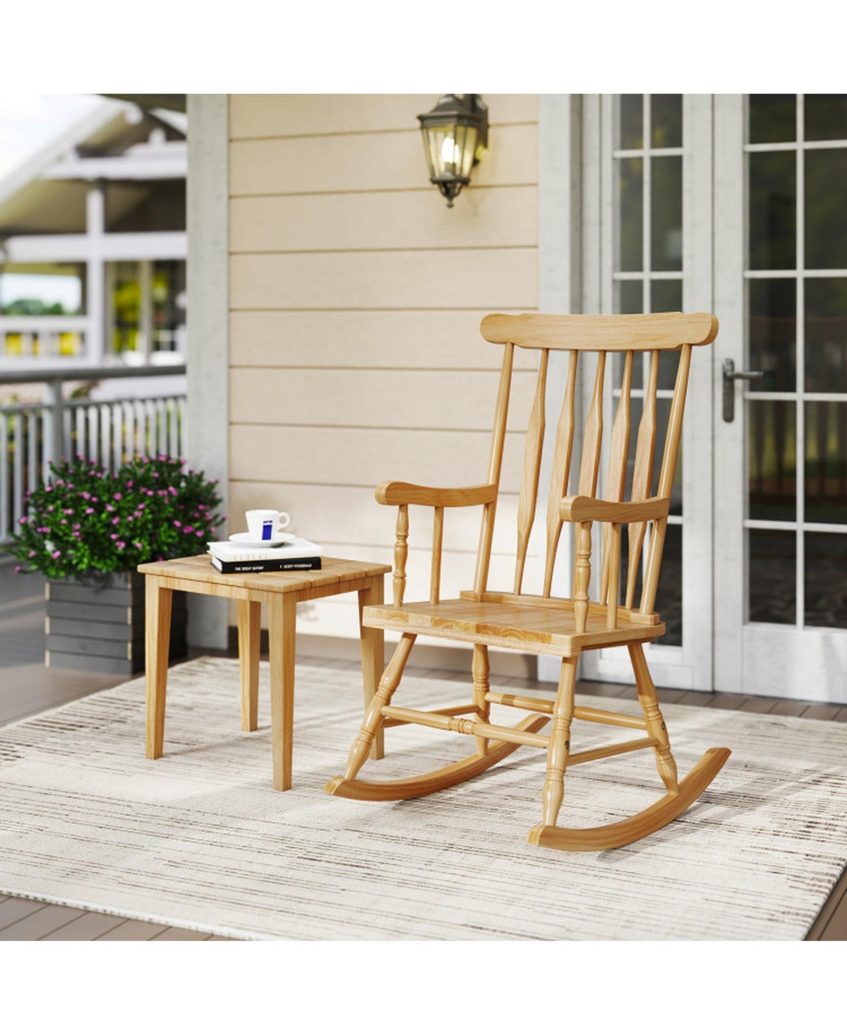 Gouun Solid Wood Outdoor Rocking Chair with Glossy Finish for Porch and Garden, 300 lb Capacity