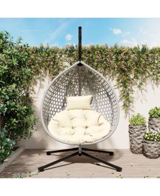 Egg Hanging Chair, Foldable PE Rattan Hammock Swing Chair with Soft Removable Cushion, 330 lbs Capacity for Balcony and Garden