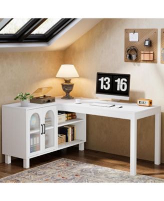 59-Inch L Shaped Computer Desk with Cabinet, Farmhouse Corner Desk with Storage Shelves, L Shaped Executive Desk