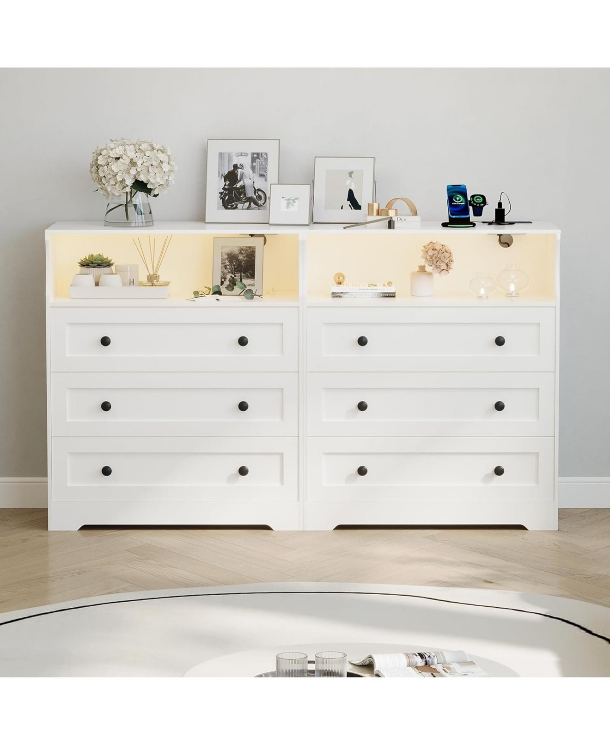 gaomon 3 Drawer Tall Dresser for Bedroom with Led Lights, Wood Dresser with Charging Station for Closet, Wooden Nightstand for Bedside
