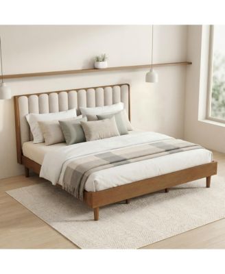 Wood Bed with Piano Key Style Upholstered Headboard, Wood Bed with Strengthened Bed Frame
