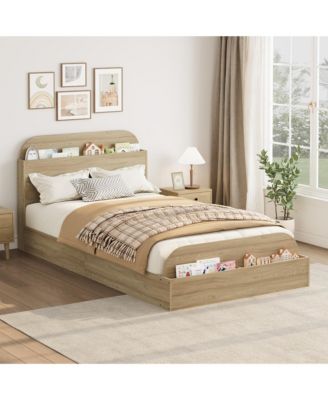 Wooden Beds with Storage Headboard and Raised-Foodboard, Twin-Floor Low Platform Bed for Bedroom, Sturdy Wooden Slats Support