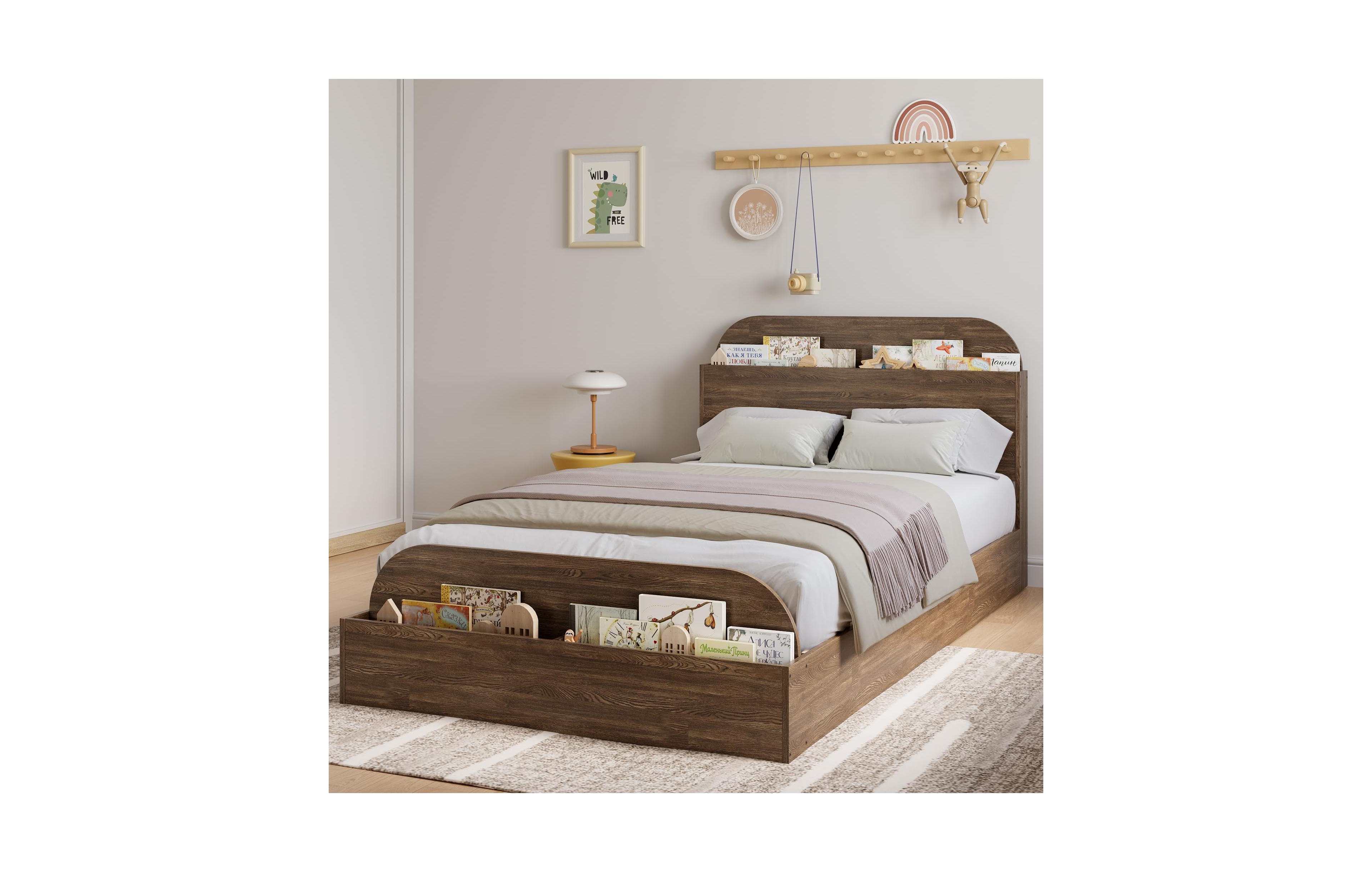 Homfan Wooden Beds with Storage Headboard and Raised-Foodboard, Twin-Floor Low Platform Bed for Bedroom, Sturdy Slats Support
