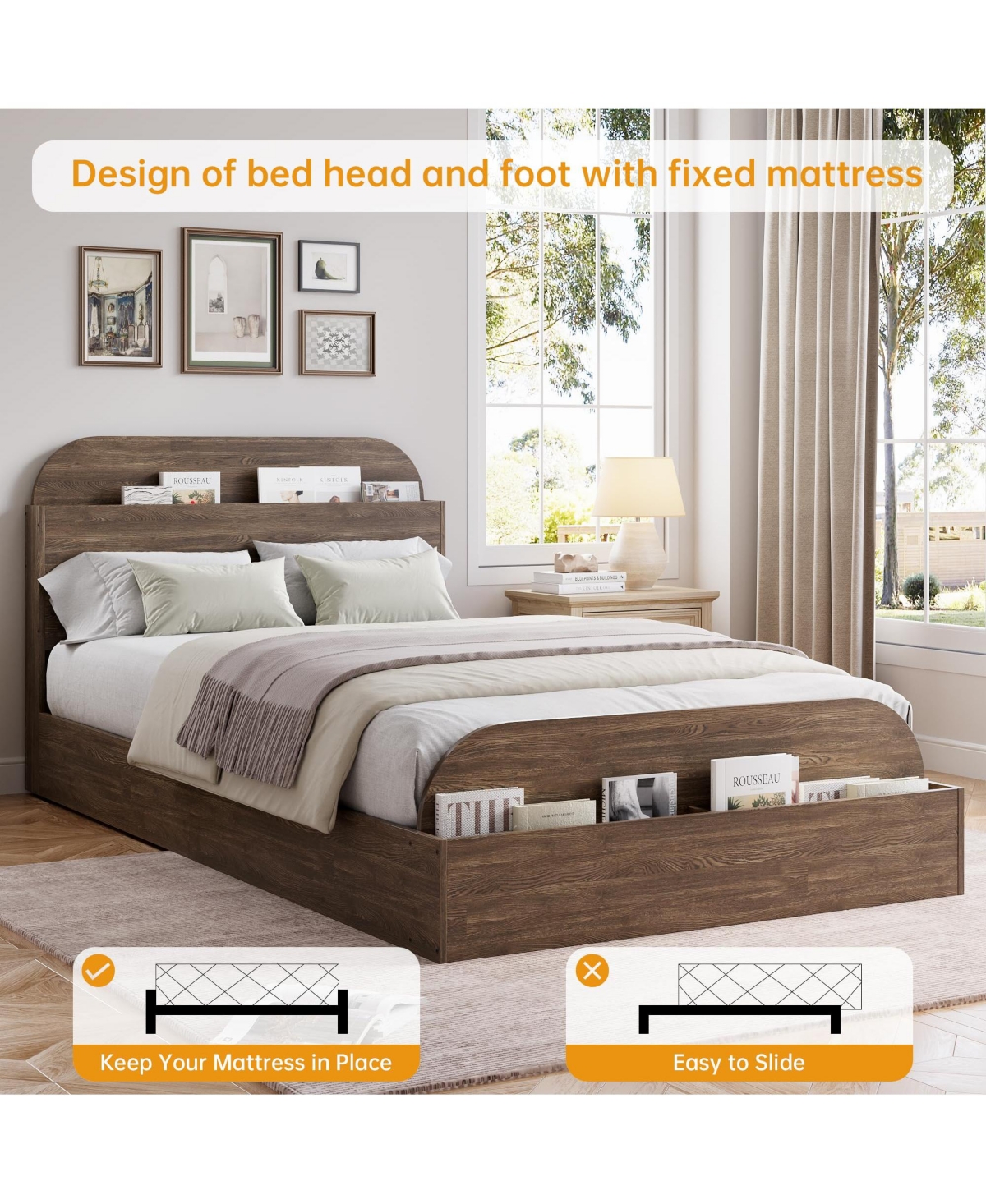 Homfan Wooden Beds with Storage Headboard and Raised-Foodboard, Twin-Floor Low Platform Bed for Bedroom