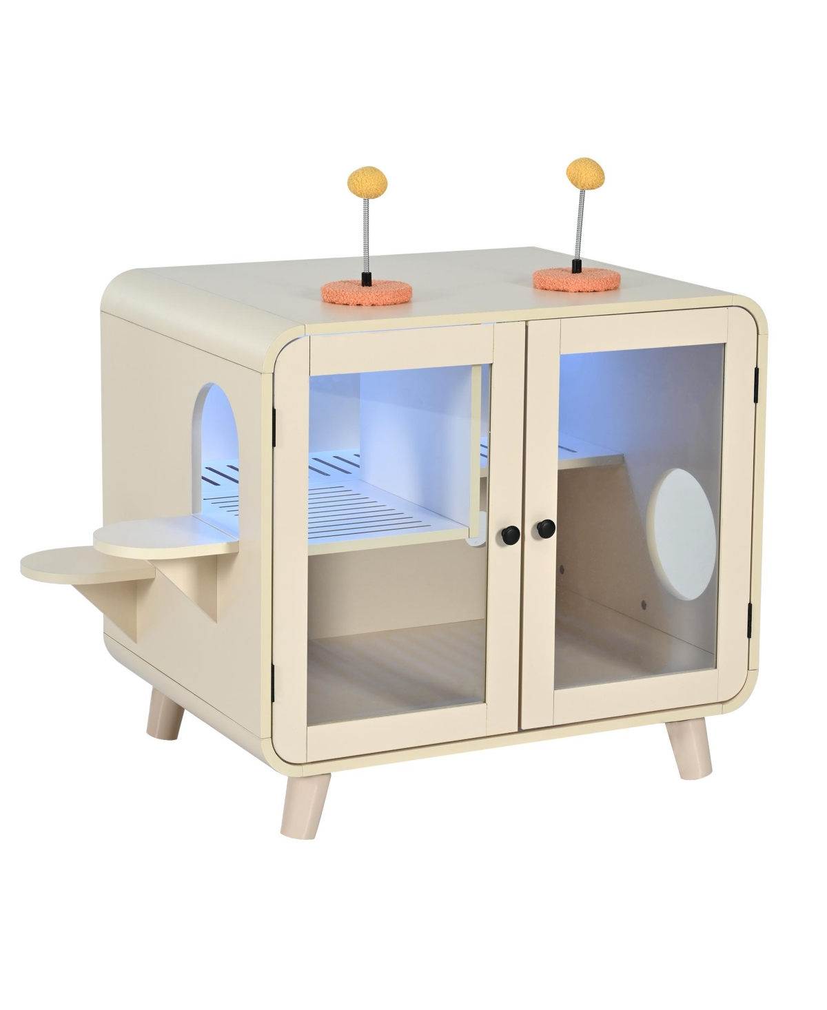 Zeus & Ruta Cat Hidden Litter Box Enclosure, Washroom Cabinet with Leak Walkway and Glass Doors for Better View