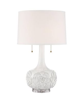 Country Cottage Table Lamp with USB Charging Port 27" Tall Floral Ceramic Drum Shade Living Room Bedroom House