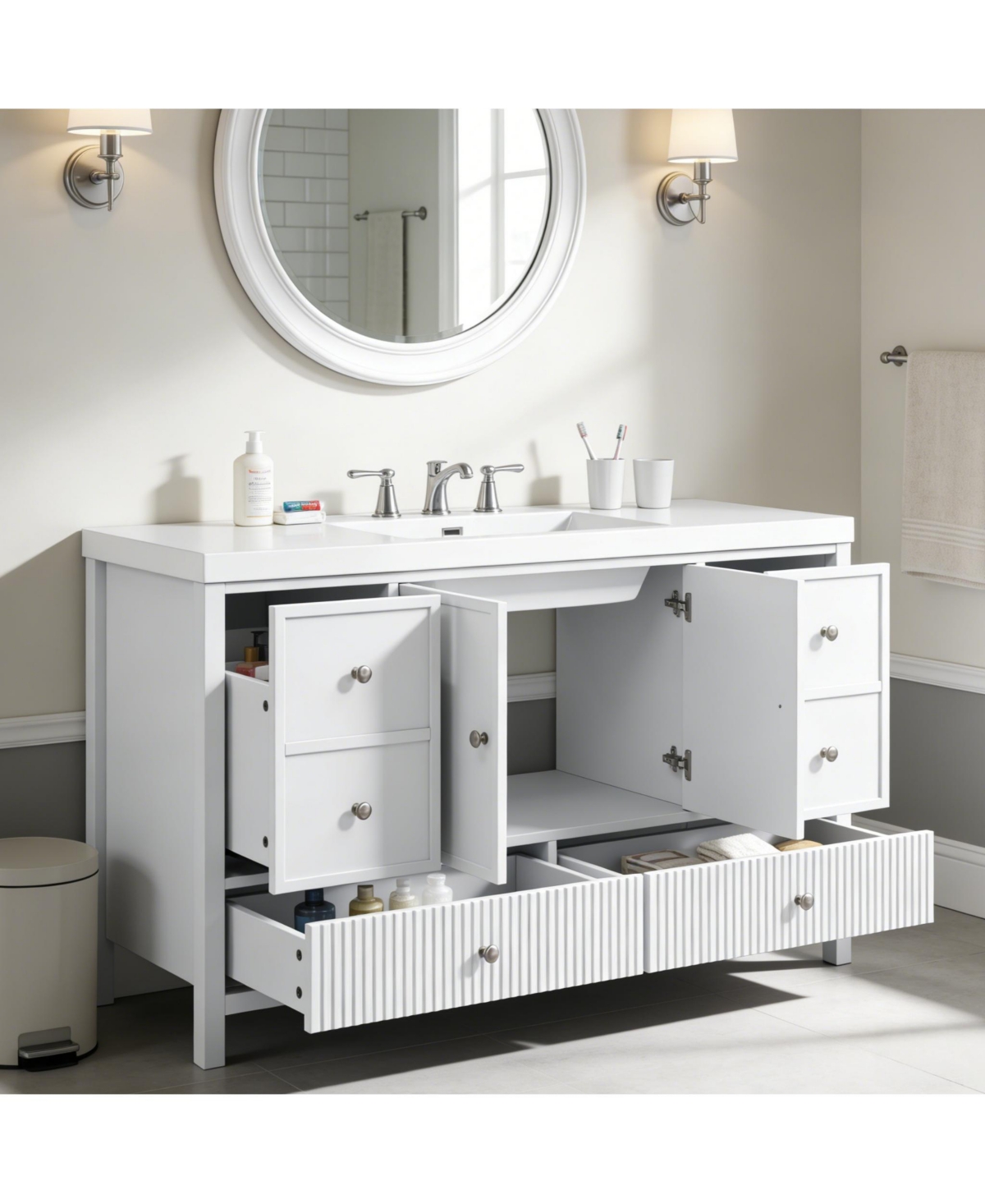 Busdays 60 Inch Bathroom Vanity with Separate Sink Modern Large Storage Cabinet Soft Close Doors 4 Drawers Freestanding Bathroom Vanity