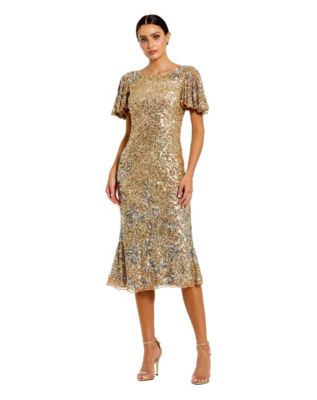 Women's Flutter Sleeve Floral Embellished Sequin Midi Dress