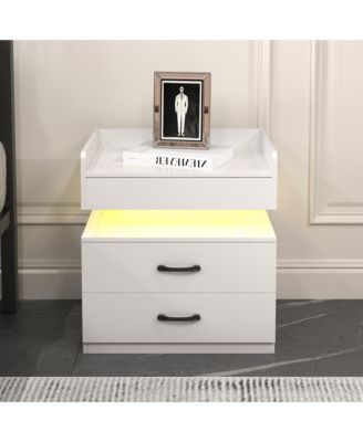 Nightstand with Adjustable LED Strip Light, Bedside Table with 2 Drawers, Flip Top Hidden Storage, High Gloss Wood End Table for Bedroom
