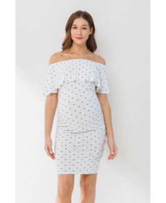 Maternity Polka Dot Off-The-Shoulder Ruffle Bodycon Dress