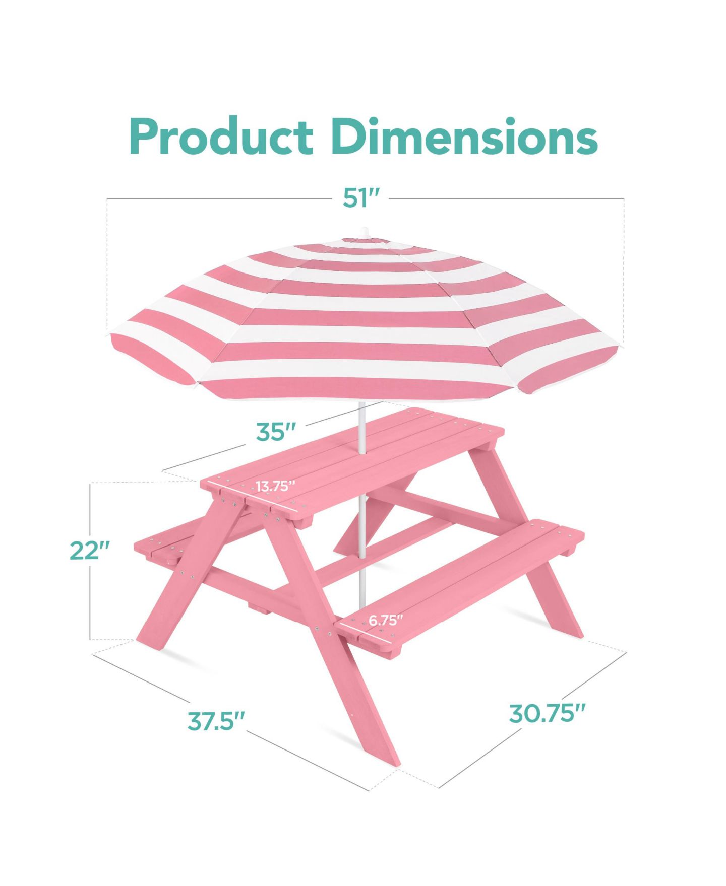 Детская игрушка Best Choice Products Wooden Picnic Table with Adjustable Umbrella, 220 lb. Capacity, Ages 3-7, цвет: Розовый — фото 7