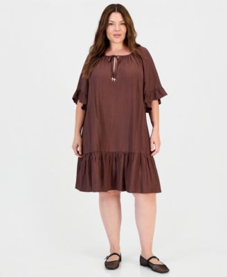 Plus Size Ruffle-Hem Bell-Sleeve Split-Neck Dress