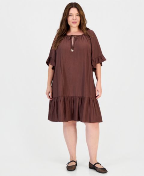 Женское платье Robbie Bee Plus Size Ruffle-Hem Bell-Sleeve Split-Neck, цвет: Коричневый