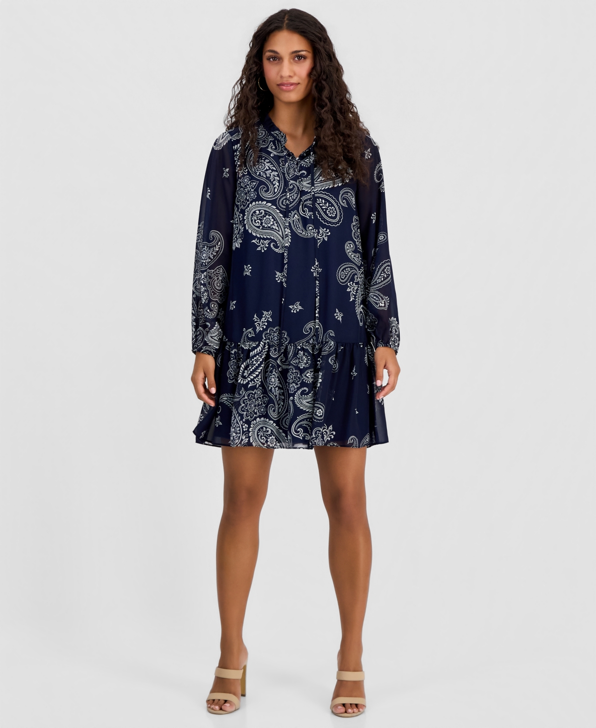 Robbie Bee Petite Printed Chiffon Tie-Neck Tiered Dress