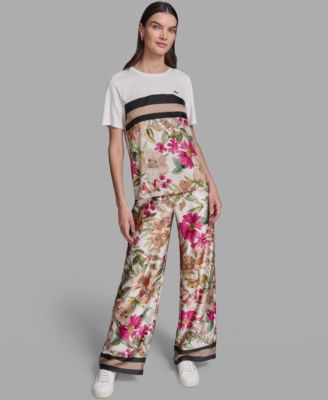 Women's Short-Sleeve Mixed Media Print Knit Top and Soft Floral Print Pull-On Pants