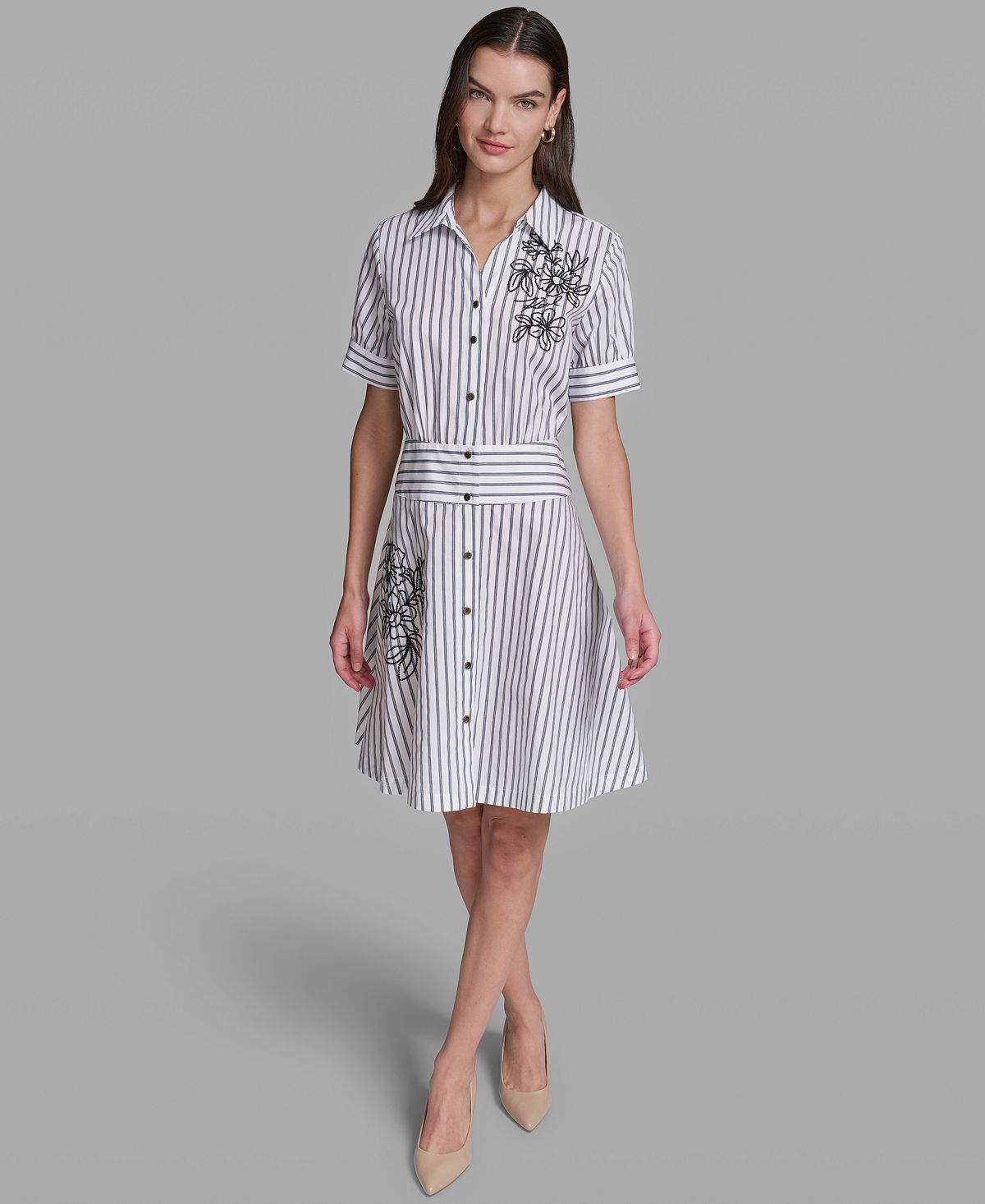 KARL LAGERFELD PARIS Women's Poplin Short-Sleeve Collared Striped Cotton Dress view 3 — MAYCSS fashion products