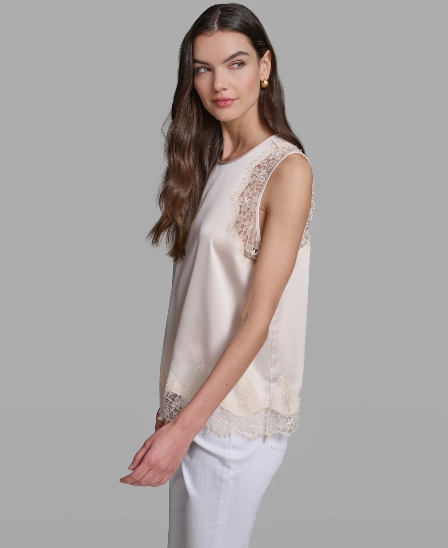 Женский топ KARL LAGERFELD PARIS Sleeveless Lace Trim Cami Top, цвет: Бисквитный — фото 3