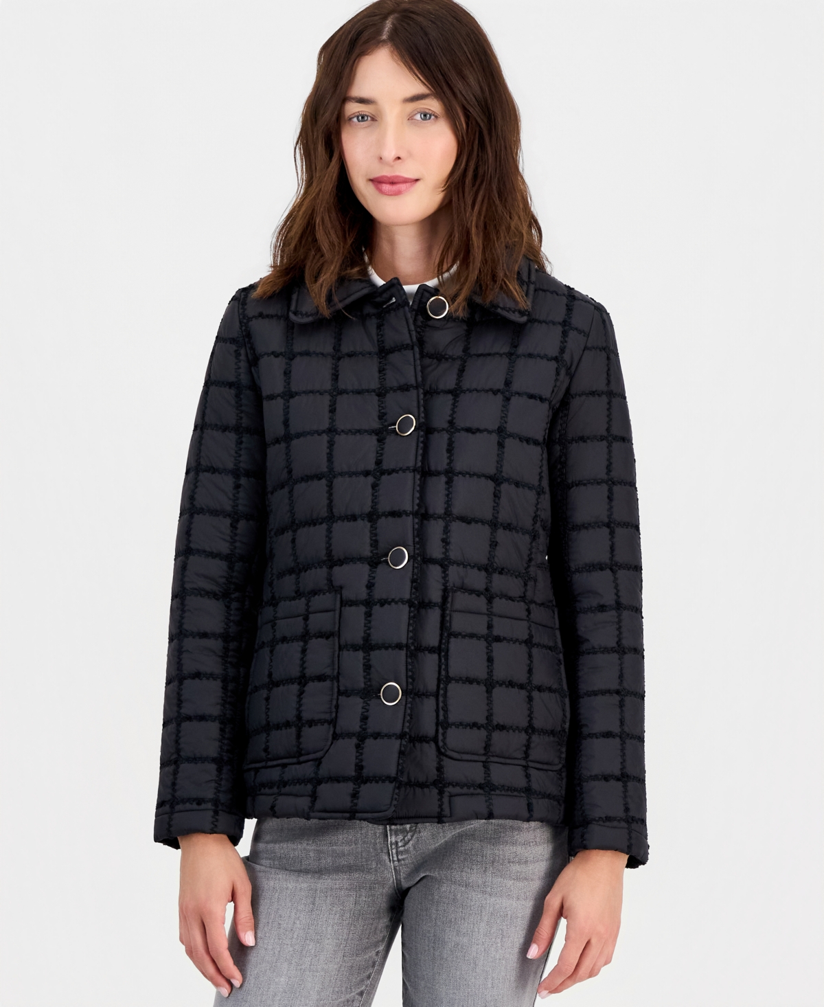 CeCe Women's Short Boucle Windowpane Quilted Coat