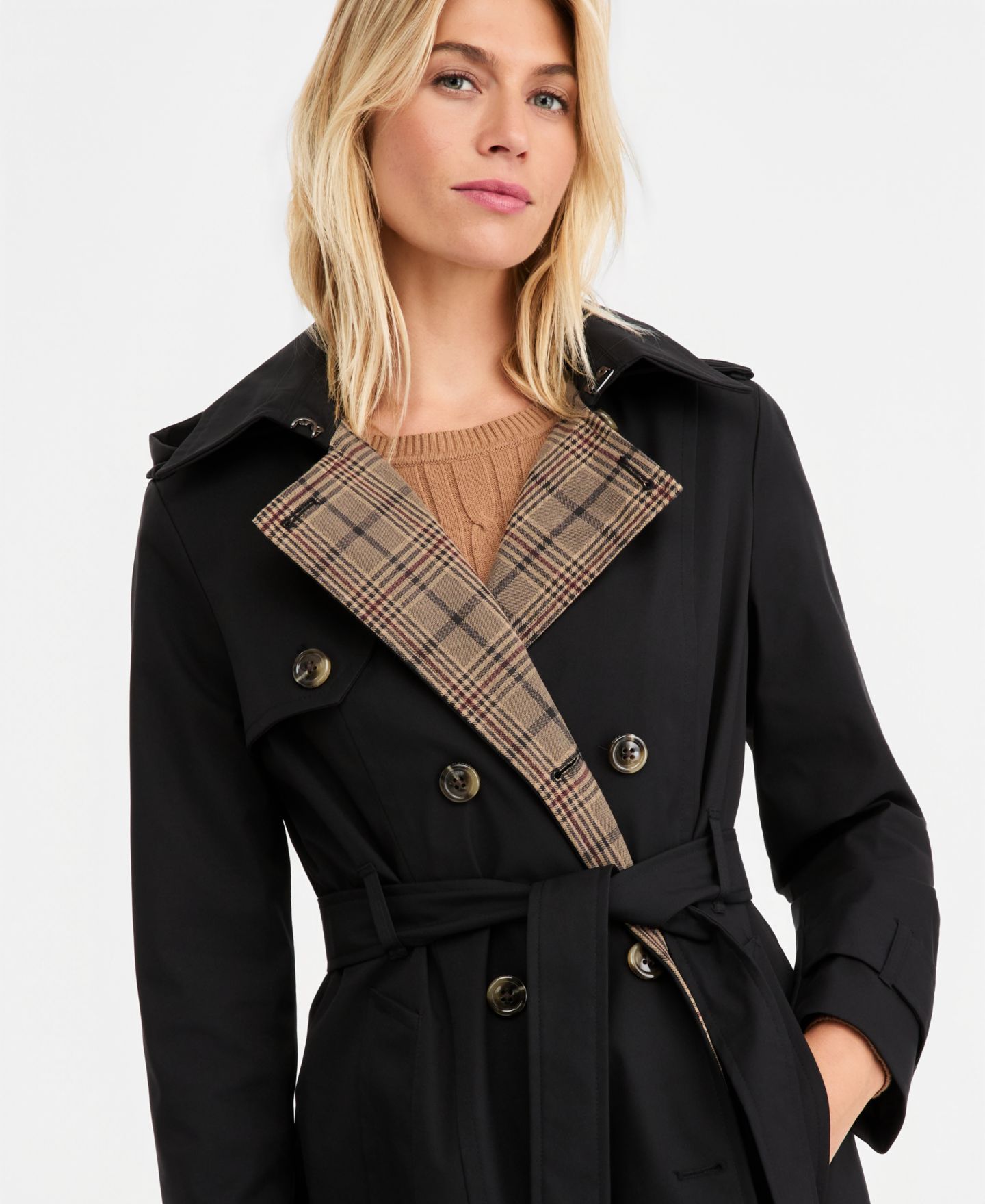 Женское пальто London Fog Plaid-Collar Belted Trench Coat, цвет: Чёрный — фото 2