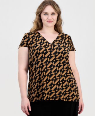 Plus Size Printed V-Neck Cap-Sleeve Top