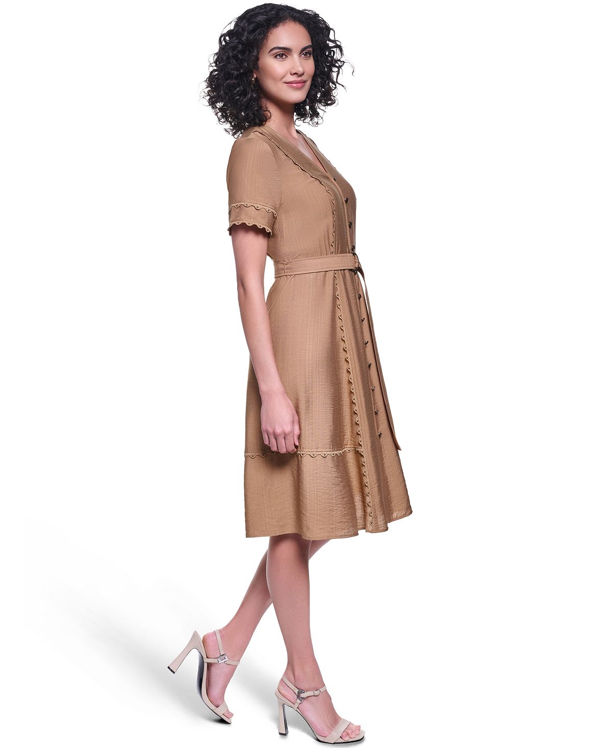 KARL LAGERFELD PARIS Women's Belted Nailhead Trim V-Neck Dress view 4 — MAYCSS fashion products