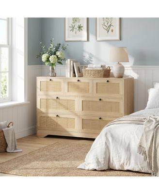 Farmhouse Rattan Dresser with Multiple Storage Drawers and Natural Cane Details - Versatile Storage Chest for Bedroom, Living Room and Entryway